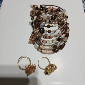 Boho Stackable Brown & Gold Beaded Bracelet And Ring Set - Women Jewelry